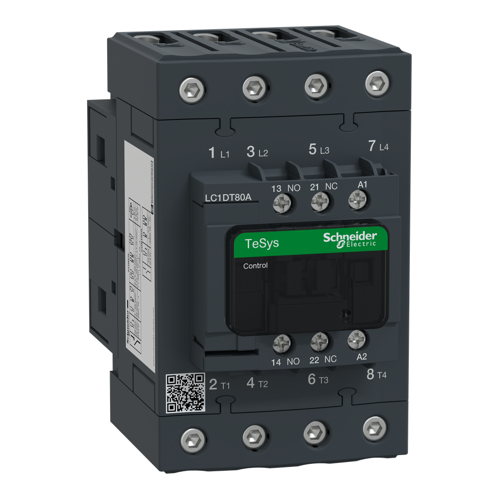 LC1DT80AF7 - IEC contactor, TeSys Deca, nonreversing, 80A resistive, 4 pole, 4 NO, 110VAC 50/60Hz coil, open style
