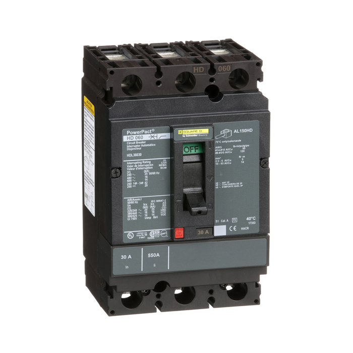 HDL36030 - Circuit breaker, PowerPacT H, 30A, 3 pole, 600VAC, 14kA, lugs, thermal magnetic, 80%