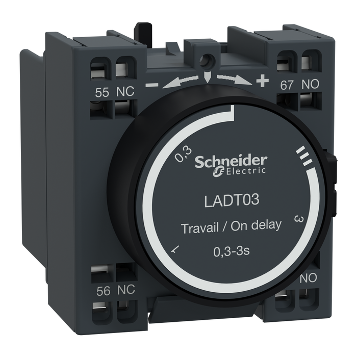 LADT03 - Time delay auxiliary contact block, TeSys Deca, 1NO + 1NC, on delay 0.3-3s, front, spring terminals