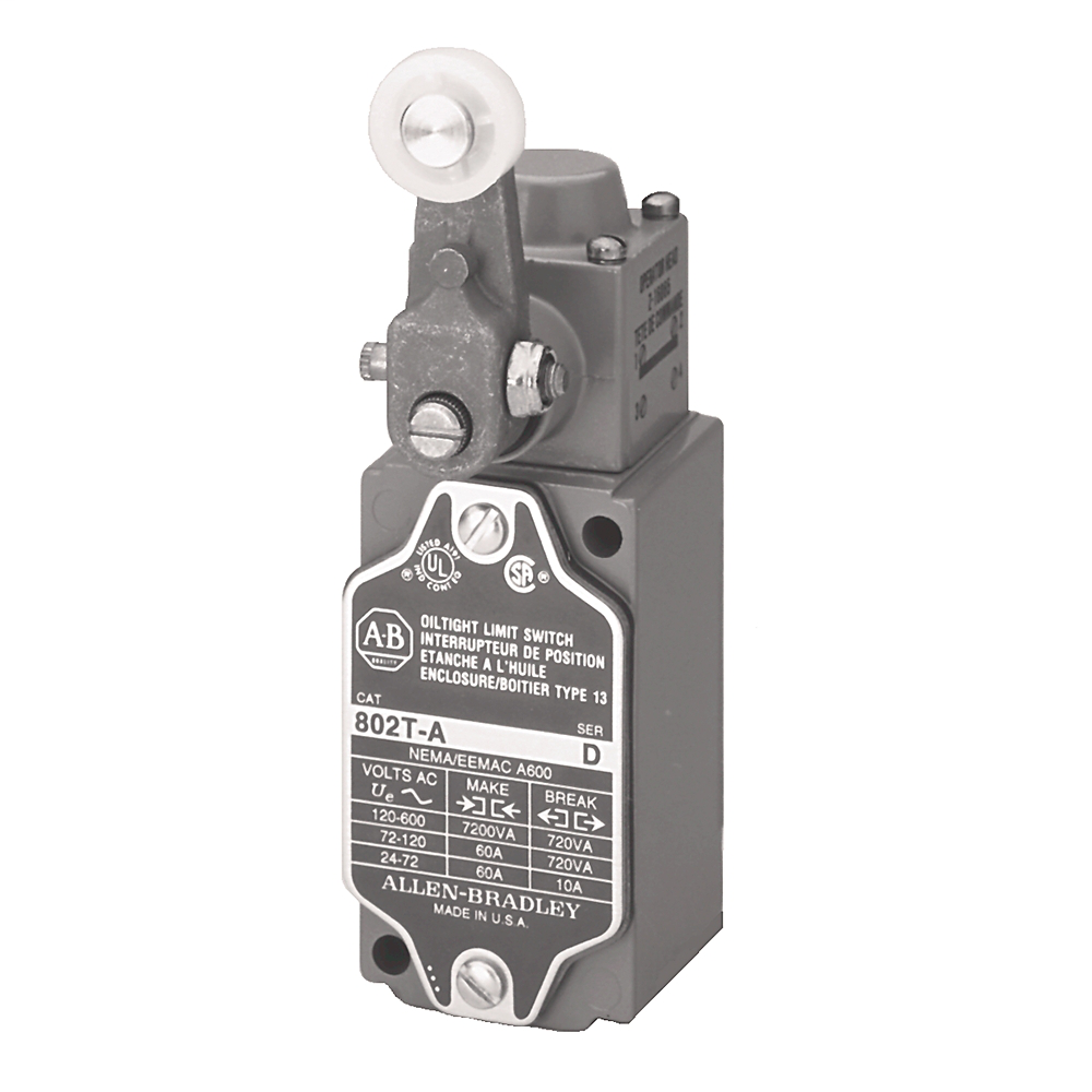 802T-AJ1 - Limit Switch, NEMA Type 4 and 13 Oiltight Construction, Non-Plug-In, Lever Type, Spring Return, Standard Operating Torque, 2-Circuit, CW and CCW operation, Whole Switch, 5-Pin Mini-Type Receptacle (J1 Wiring)