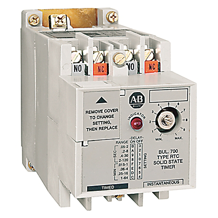 700-RTC00100U24 - Relé temporizador de estado sólido industrial 700-RTC, sin potenciómetro, relé temporizador de estado sólido con tiempo ajustable, abierto, 24 V CC, 24 V CA 50/60 Hz, 0 NA - 0 NC, 1 NA - 0 NC