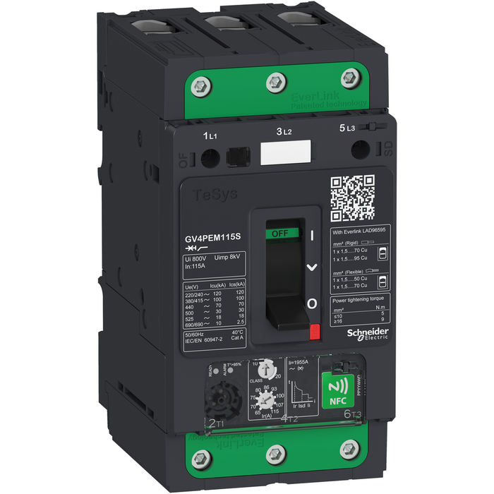 GV4PEM50N - Motor circuit breaker, TeSys GV4, 3P, 50A, Icu 50kA, thermal magnetic multifunction, Everlink terminals