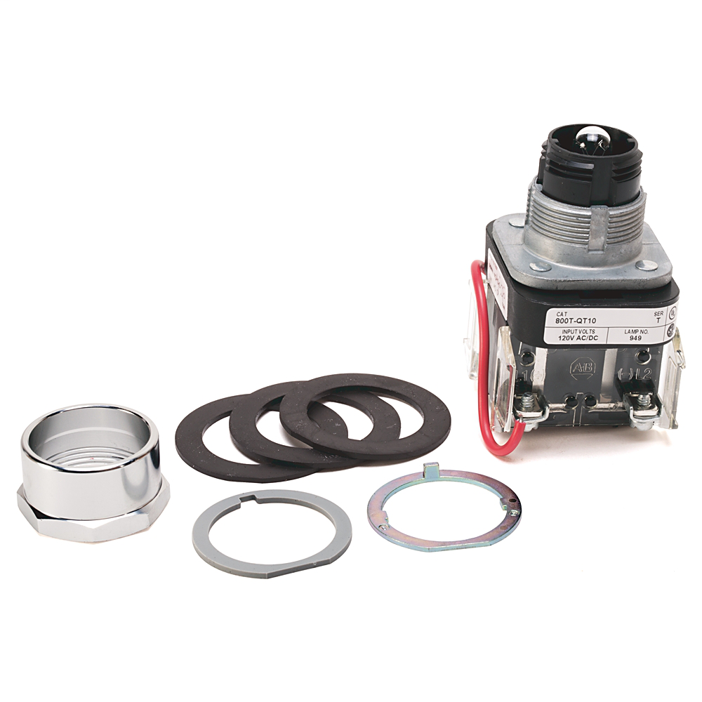 800T-QT24C - Piloto luminoso tipo 4/13 de 30,5 mm, voltaje completo, pulsador de prueba, incandescente, transparente, 24 V CA/CC, 1 NA-1 NC