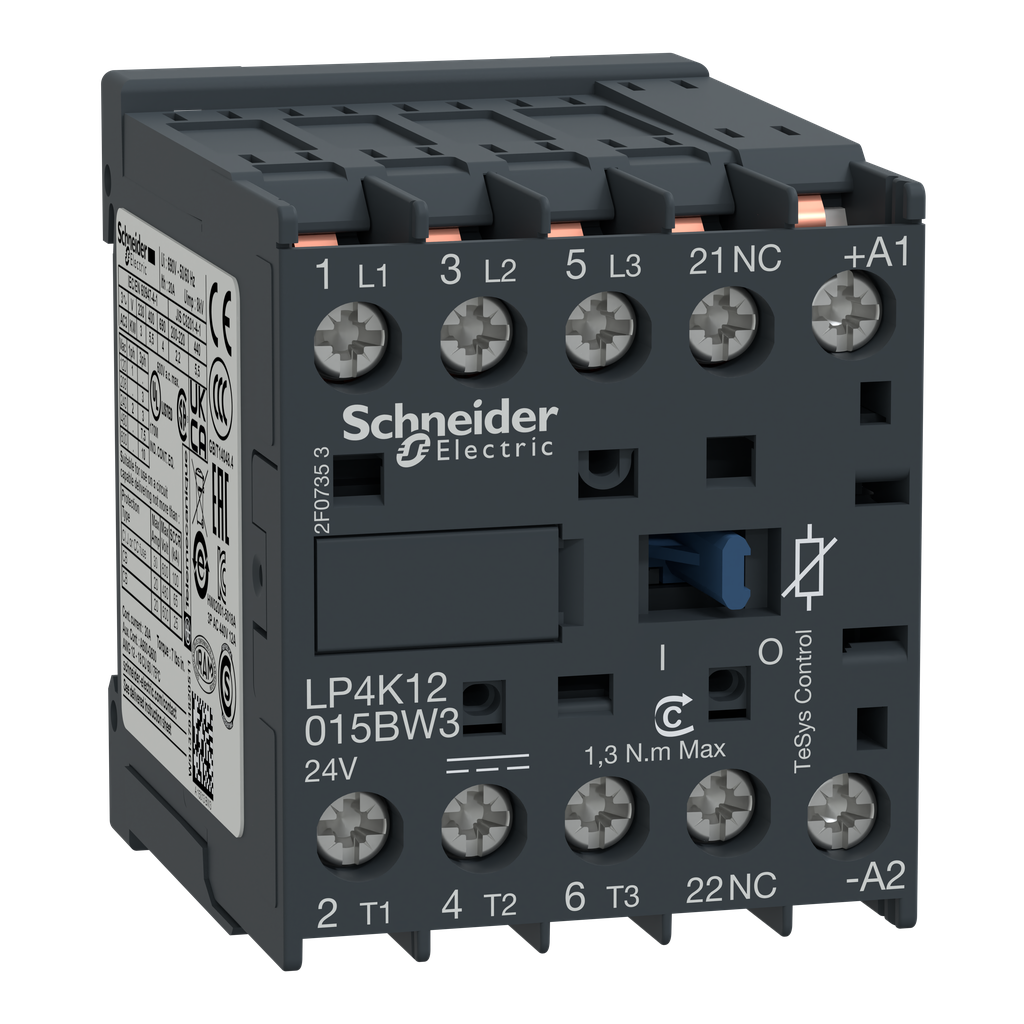 LP4K12015BW3 - Contactor, TeSys K, 3P, AC-3, lt or eq to 440V, 12A, 1 NC aux, 24VDC coil