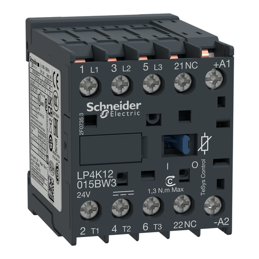 LP4K12015BW3 - Contactor, TeSys K, 3P, AC-3, lt or eq to 440V, 12A, 1 NC aux, 24VDC coil