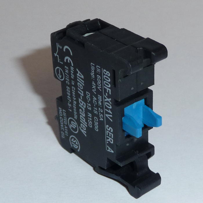 800F-PX01V - Montaje con pestillo de plástico, 0 contactos NA, 1 contacto NC, bajo voltaje