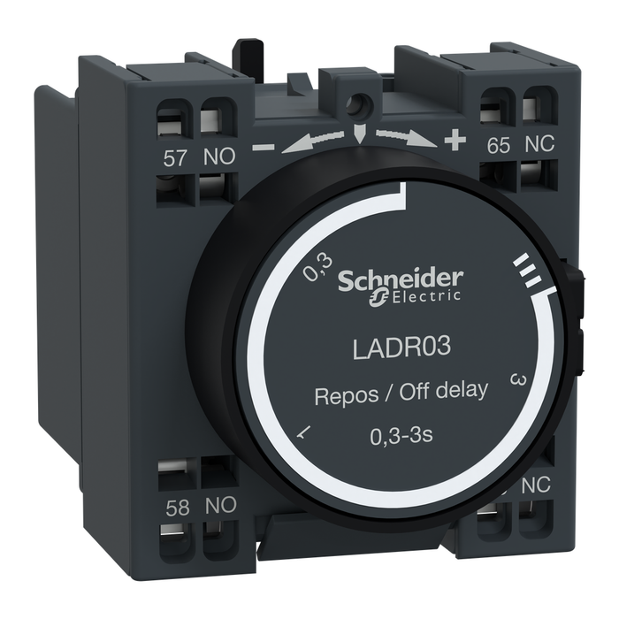 LADR03 - Time delay auxiliary contact block, TeSys Deca, 1NO + 1NC, off delay 0.3-3s, front, spring terminals