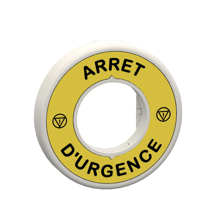 ZBY9W3B130 - Illuminated ring 60mm, Harmony, plastic, yellow, white or red integral LED, marked ARRET D'URGENCE, 24V AC DC