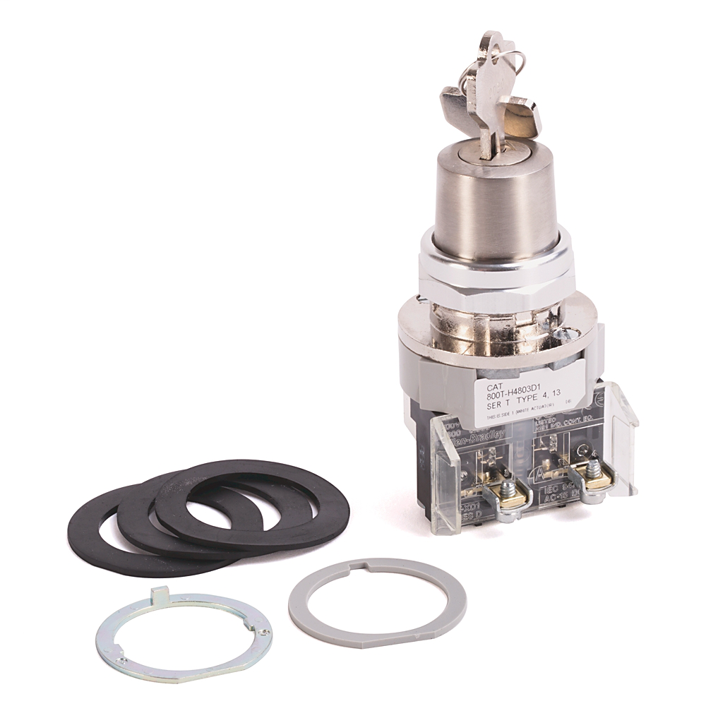 800T-H4803B - 30.5mm Type 4/13 2 Pos. Cylinder Lock Sel. Switch, Spr. Ret. from Right, Lock-Left, Std. Key, D020 Key, 2 NO-2 NC