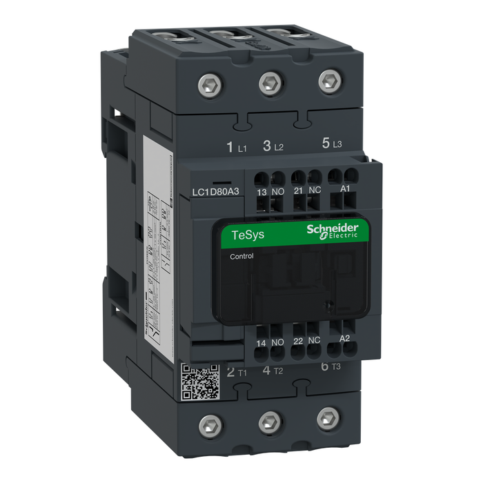 LC1D80A3P7 - IEC contactor, TeSys Deca, nonreversing, 80A, 40HP at 480VAC, 3 phase, 3 pole, 3 NO, 230VAC 50/60Hz coil, open style