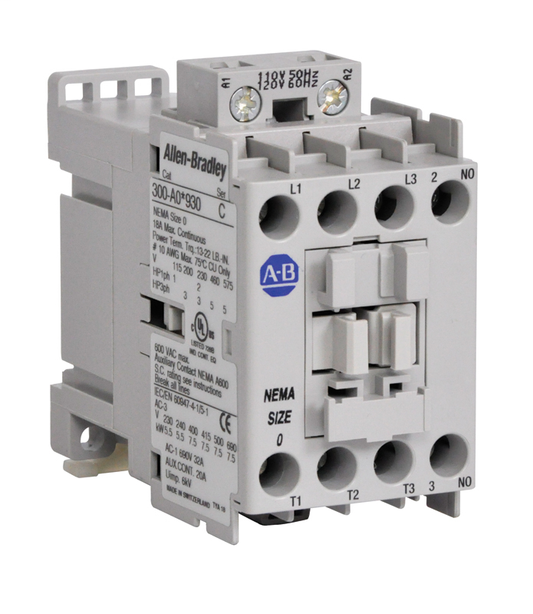 300-AOKJ930 - 300 NEMA Contactor, NEMA Size 0, Open, 24V 50/60Hz, Three Poles, 1 N.O. Auxiliary Contact