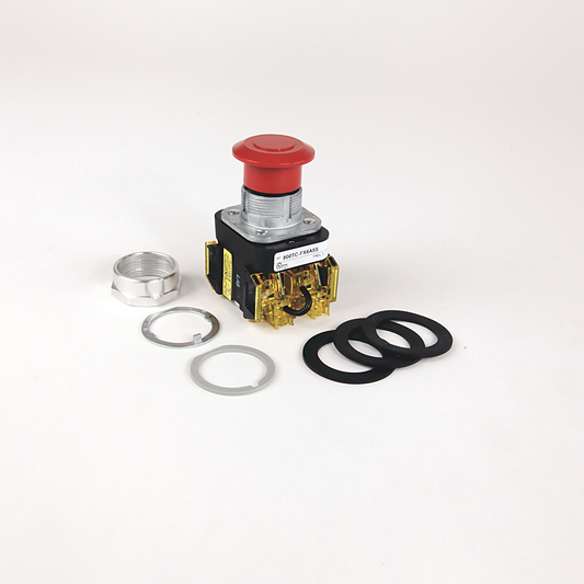 800TC-FXJEQH2RD4S - 30.5mm Type 4/13 2 Pos. PB-Illum., Push-Pull, Red, Jumbo Mushroom Hd (Push-Pull) with E-Stop, LED, 12-130V AC/DC, 1 NCLB Self Mon., Finger Safe Guards