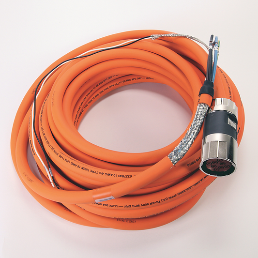 2090-CPBM7DF-10AA15 - Cable SpeedTEC, alimentación de motor con cables de freno, conector DIN SpeedTec, extremo de accionamiento, cable flotante, 10 AWG, estándar (no flexible), 15 metros