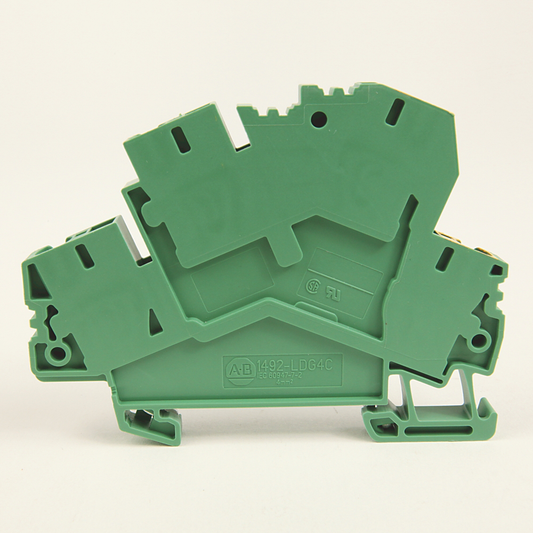 1492-LDG4C - Spring Clamp Terminal Block,Two-Circuit Block with 1 Feed-Through and 1 Ground Circuit,4 mm (# 22 AWG - # 10 AWG) or 2.5 mm (# 22 AWG - # 12 AWG),Two circuits connected by a Commoning Bar,Green / Yellow Stripe (Standard)