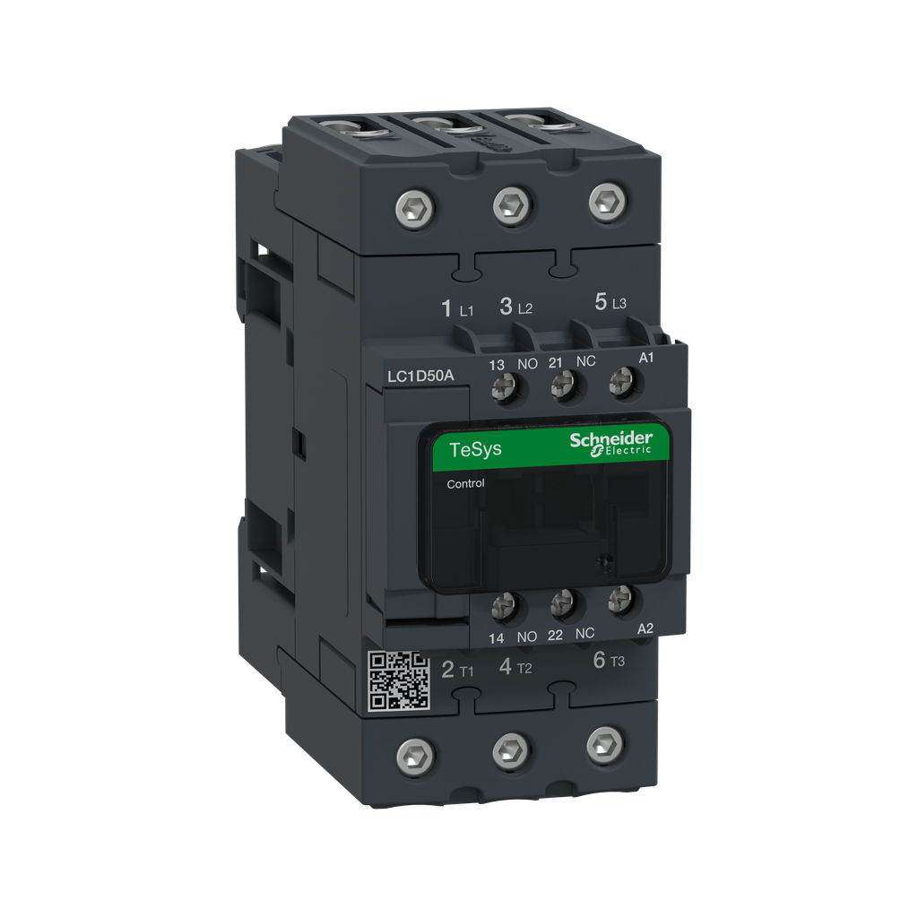 LC1D50AM7 - Contactor IEC, TeSys Deca, no inversor, 50 A, 40 HP a 480 V CA, hasta 100 kA SCCR, trifásico, 3 NA, bobina 220 V CA 50/60 Hz, abierto