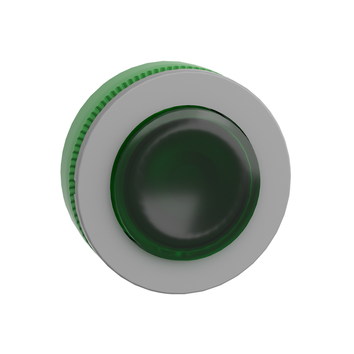 ZB5FH33C0 - Head for illuminated push button, Harmony XB5, grey bezel, green projecting, 30mm, universal LED, push-push, unmarked