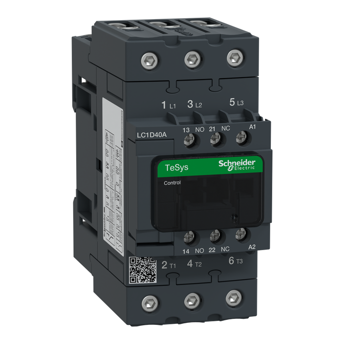 LC1D40AD7 - IEC contactor, TeSys Deca, nonreversing, 40A, 30HP at 480VAC, up to 100kA SCCR, 3 phase, 3 NO, 42VAC 50/60Hz coil, open