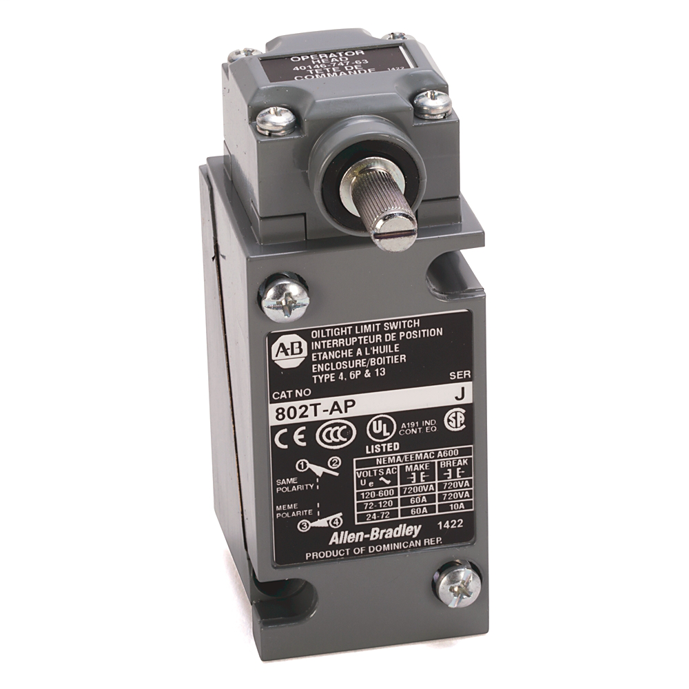802T-A1P - Limit Switch, NEMA Type 4 and 13 Oiltight Construction, Plug-In, Lever Type, Spring Return, Standard Operating Torque, 2-Circuit, CW operation only, lever can be moved CCW, Whole Switch