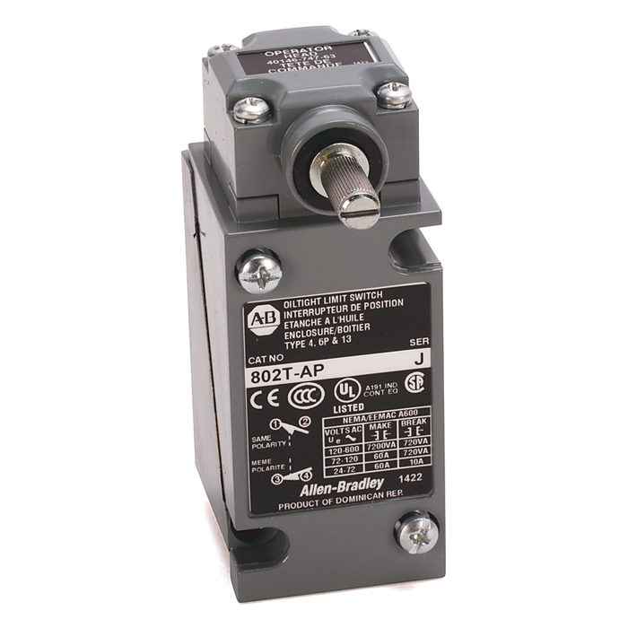 802T-A2P - Limit Switch, NEMA Type 4 and 13 Oiltight Construction, Plug-In, Lever Type, Spring Return, Standard Operating Torque, 2-Circuit, CCW operation only, lever can be moved CW, Whole Switch