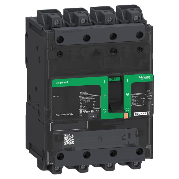 BDL46080LU - Circuit breaker, PowerPacT B, 80A, 4 pole, 600Y/347VAC, 14kA, lugs, thermal magnetic, 80%, control wire ON end