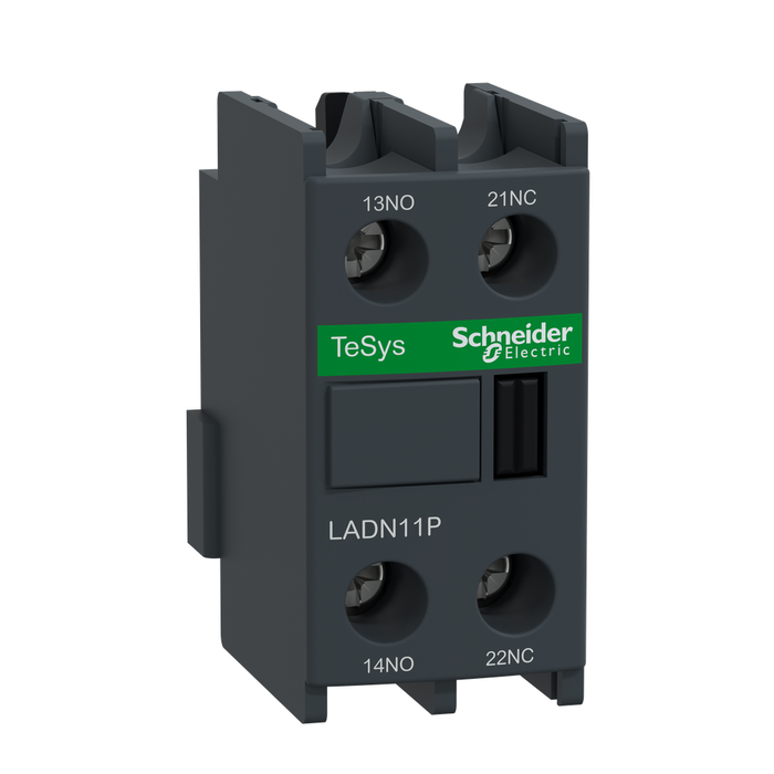 LADN11P - Auxiliary contact block, TeSys Deca, 1NO + 1NC, front mounting, screw clamp terminals, EN 50012