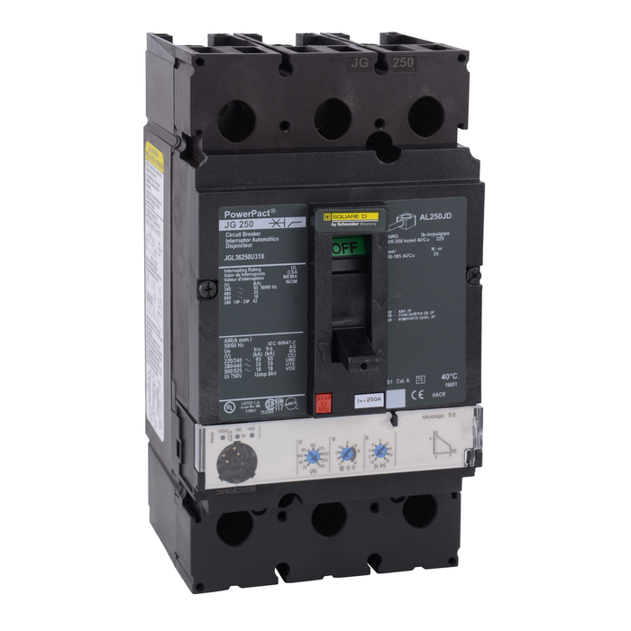 JGL34250WU31X - Circuit breaker, PowerPacT J, 250A, 3 pole, 480VAC, 35kA, lugs, Micrologic 3.2, 80%, mission critical