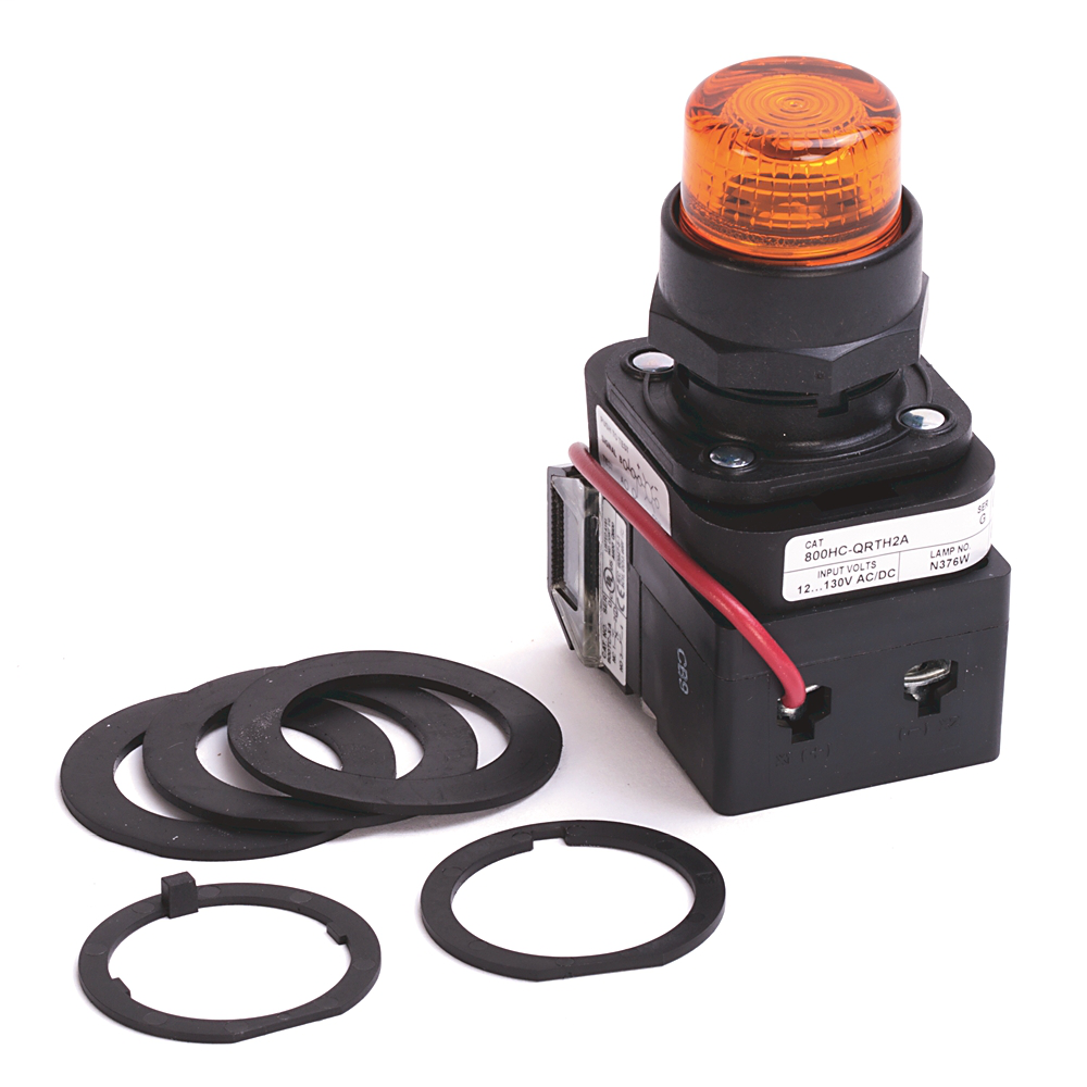 800HC-QRTH2A - Luz piloto LED tipo 4/4X/13 de 30,5 mm, ámbar, 12-130 V CA/CC, 1 contacto NA-1 contacto NC, protección para los dedos