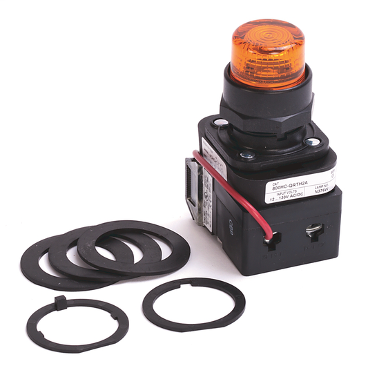 800HC-QRTH2A - Luz piloto LED tipo 4/4X/13 de 30,5 mm, ámbar, 12-130 V CA/CC, 1 contacto NA-1 contacto NC, protección para los dedos