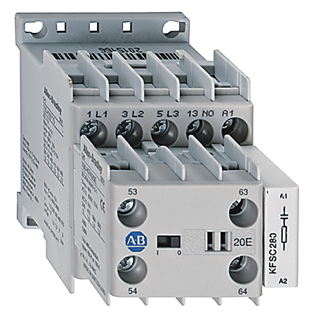 100-K05KJ400M - Contactor miniatura, terminales tipo tornillo, 5 A, voltaje de control del sistema: 24 V 50/60 Hz, 4 contactos principales NA, 20