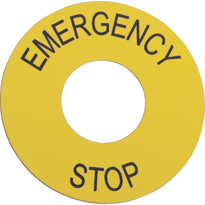 ZB2BY9330 - Marked legend, Harmony XAC, plastic, black, 22mm push button, 60mm label, white marked EMERGENCY STOP