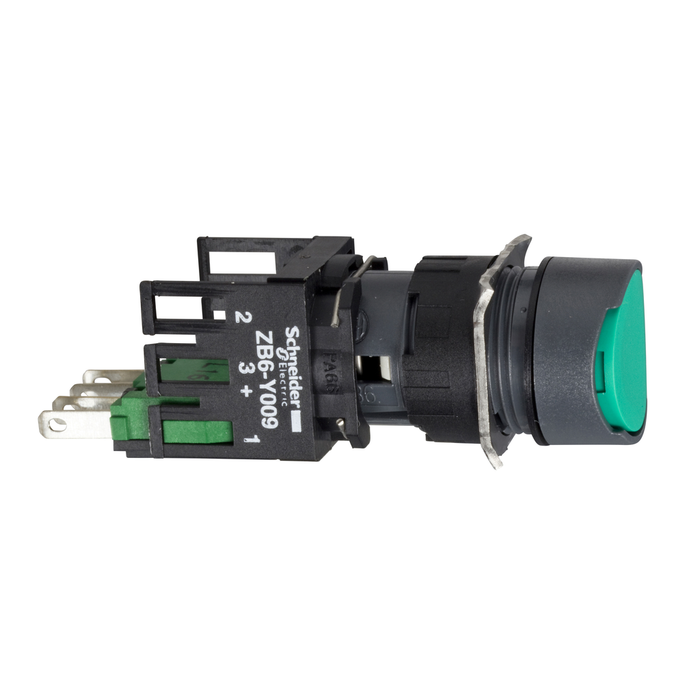 XB6AA35B - Complete push button, Harmony XB6, green flush pushbutton, 16mm, spring return, 1NO + 1NC, unmarked