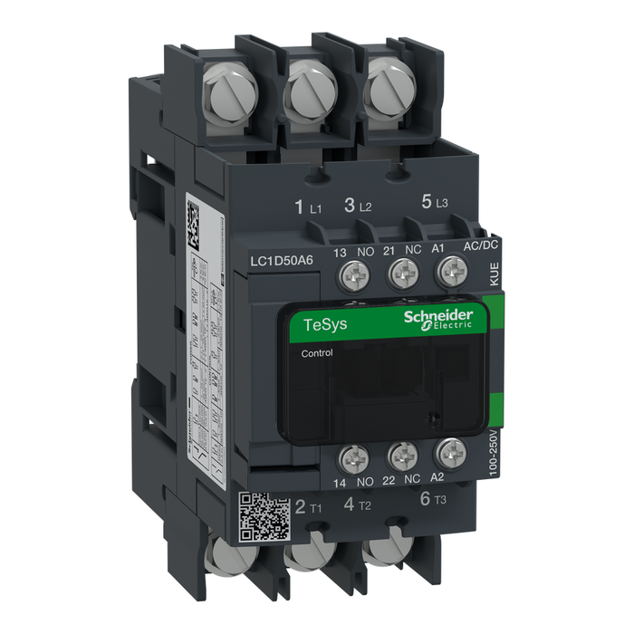 LC1D50A6KUE - IEC contactor, TeSys Deca Green, nonreversing, 50A, 40HP at 480VAC, 3 phase, 3 pole, 3 NO, 100/250VAC/VDC coil, open style