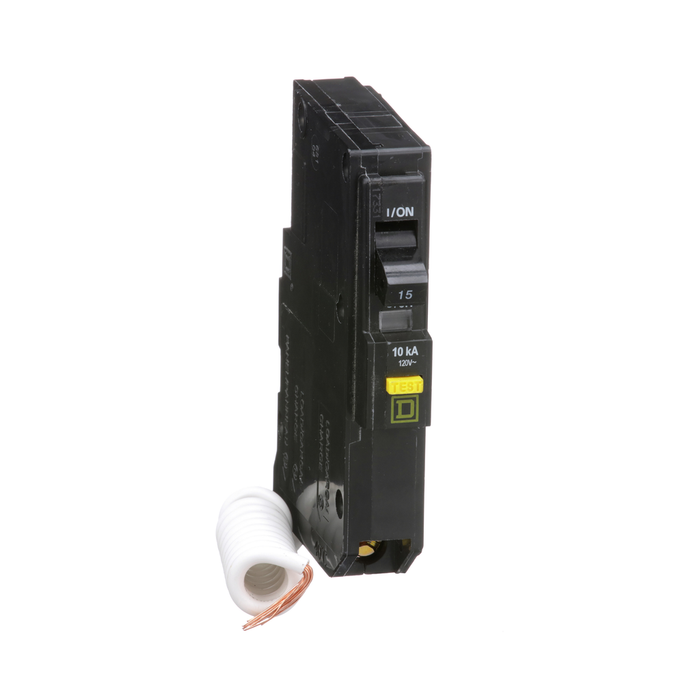 QO115GFI - Mini circuit breaker, QO, 15A, 1 pole, 120VAC, 10kA, 6mA grd fault A, pigtail, plug in mount