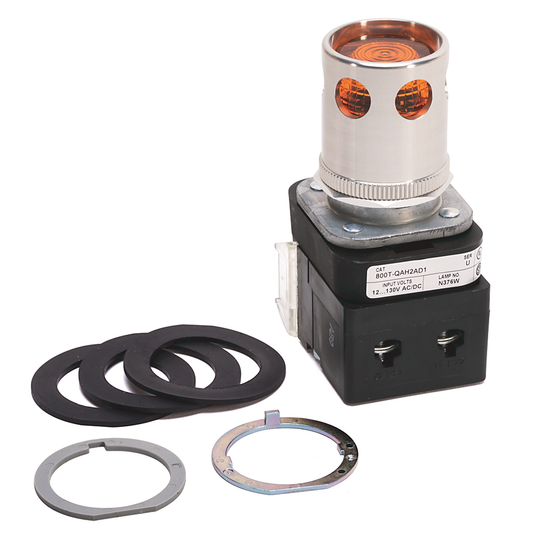 800T-QAH2AD1V - 30.5mm Type 4/13 Mom. Contact PB-Illum., Amber, Ext. Hd w/ Guard, LED, 12-130V AC/DC, 1 NO PenTUFF