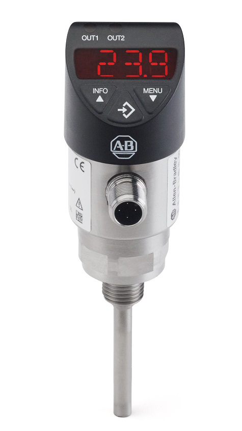 Sensor de temperatura de estado sólido, estándar, con pantalla/pulsador, -4 ... +176 °F / -20 ... +80 °C, conector macho G 1/2 BSPP, 25 mm, 2 PNP - IO-Link, conector QD integral de 4 pines CC Micro (M12)