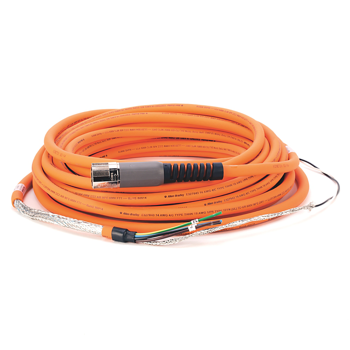 2090-CPBM7DF-14AA12 - SpeedTEC Cable, Motor Power With Brake Wires, SpeedTec DIN Connector, Drive-end, Flying-lead, 14 AWG, Standard (Non-Flex), 12 Meters