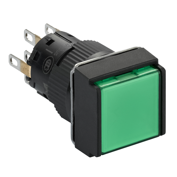 XB6ECW3B2P - Illuminated monolithic push button, Harmony XB6E, square green flush, 16mm, spring return, 24V DC, 2CO