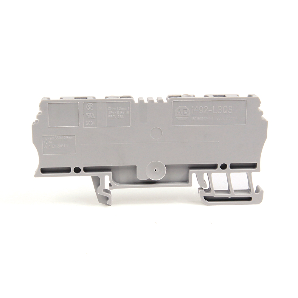 1492-L3Q2P - Bloque de terminales de abrazadera de resorte, bloque de paso de un circuito, 2,5 mm (calibre 22 AWG - calibre 14 AWG), bloque de terminales de un circuito con 2 conexiones fijas y 2 enchufables, gris (estándar)