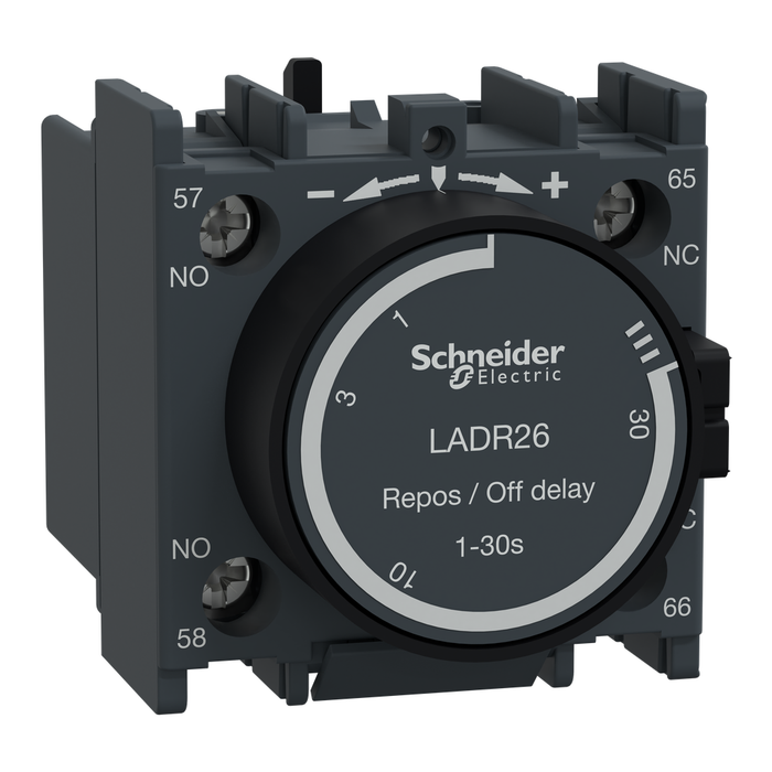 LADR26 - Time delay auxiliary contact block, TeSys Deca, 1NO + 1NC, off delay 1-30s, front, lugs-ring terminals