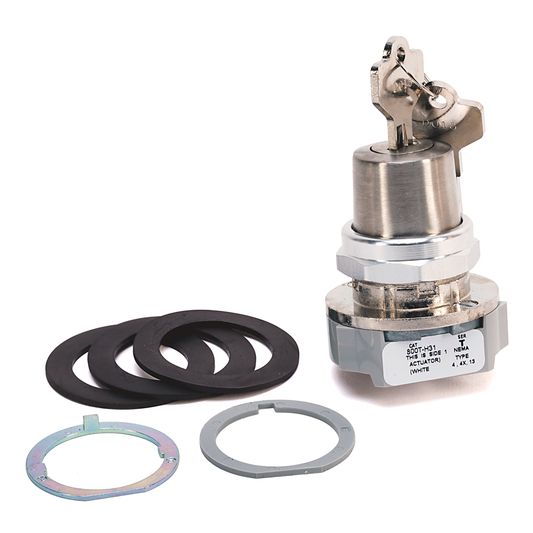 800T-H31CY - Interruptor de selección de cilindro de 30,5 mm, tipo 4/13, 2 posiciones, mantenimiento, bloqueo a la izquierda, llave estándar, llave D018, interruptor sellado apilable de 4 NA y 4 NC