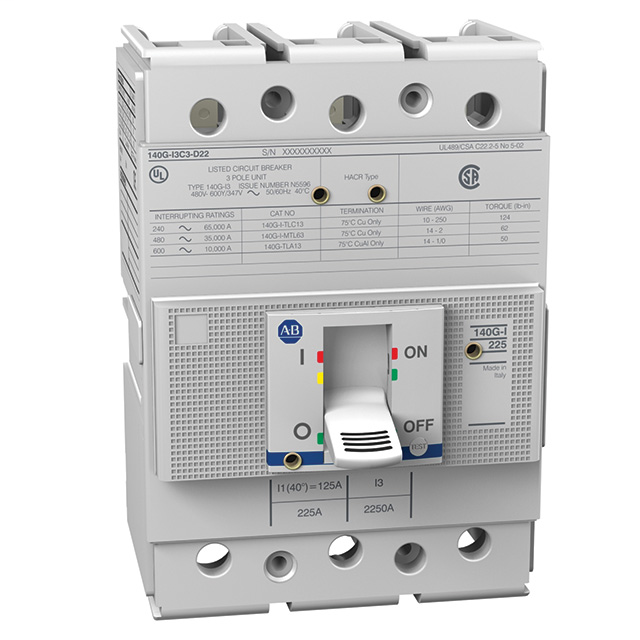 140G-I2C3-D22-SJ-KJ - 140G - Molded Case Circuit Breaker, I frame, 25 kA, T/M - Thermal Magnetic, 3 Poles, Rated Current 225 A, Shunt Trip 24...30V AC/DC, 1 NO/NC AUX, 24V