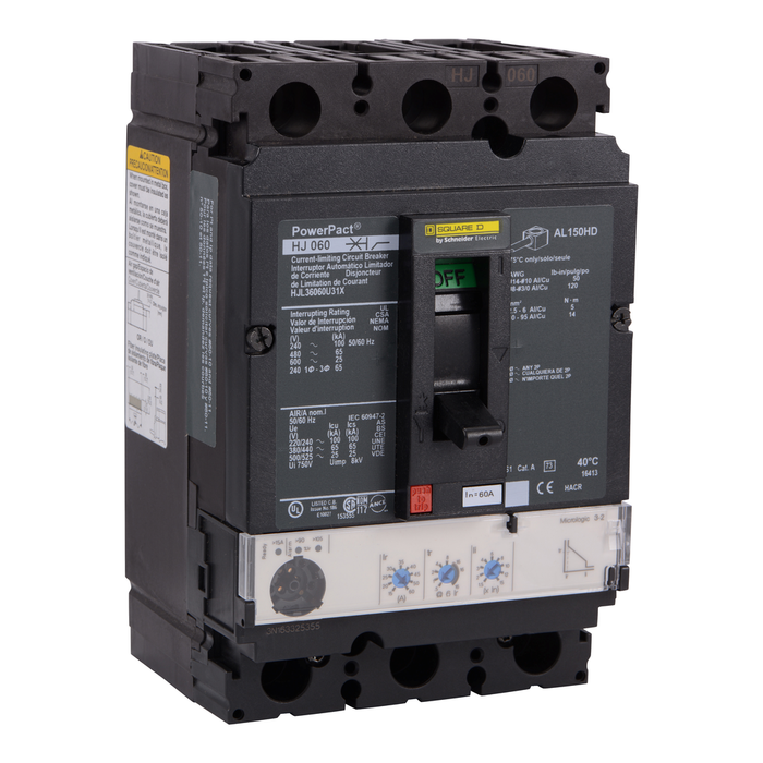 HJL36060U31X - Circuit breaker, PowerPacT H, 60A, 3 pole, 600VAC, 25kA, lugs, Micrologic 3.2, 80%