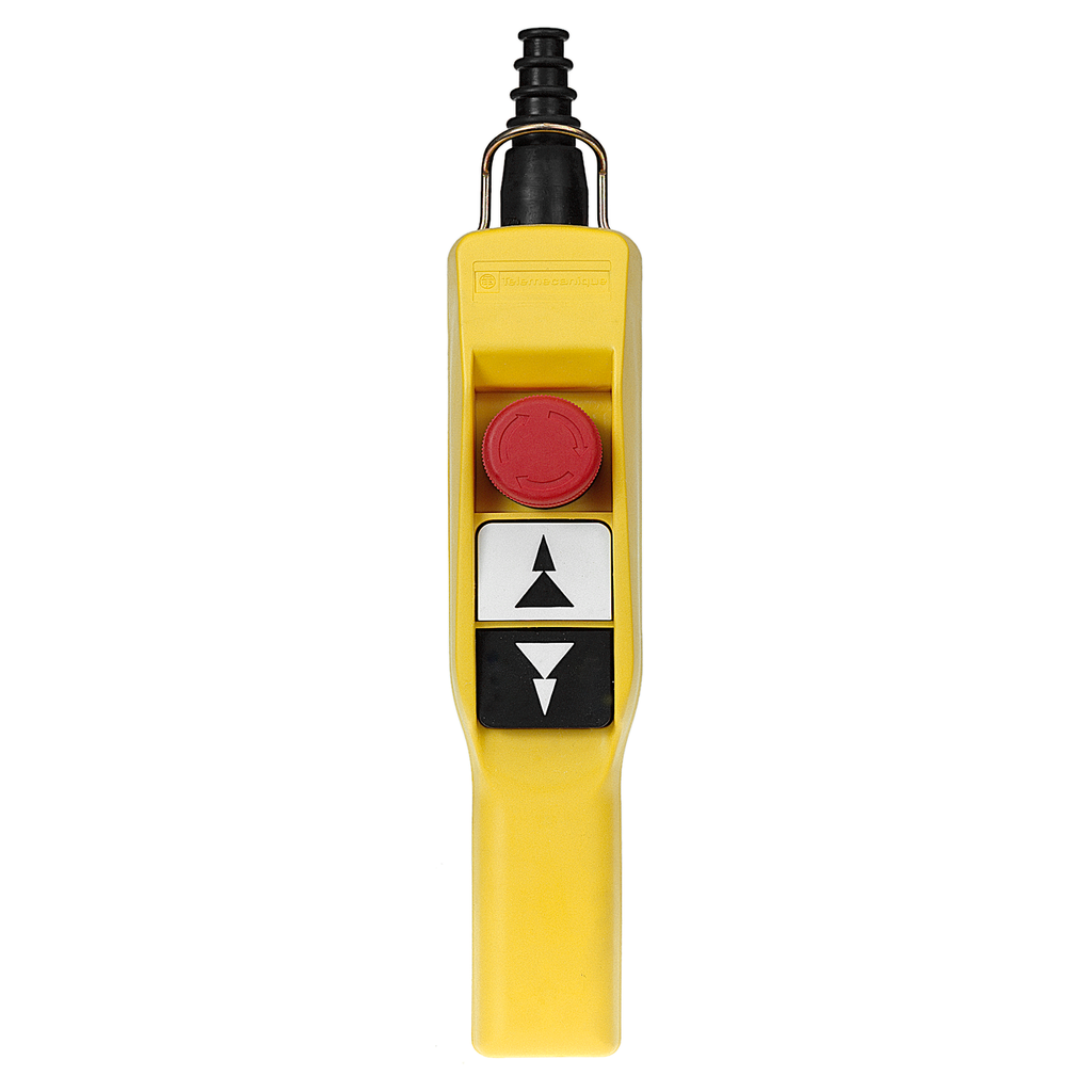 XACA2073 - Estación de control colgante, Harmony XAC, plástico, amarillo, empuñadura de pistola, 2 pulsadores con 2NO, 1 parada de emergencia NC