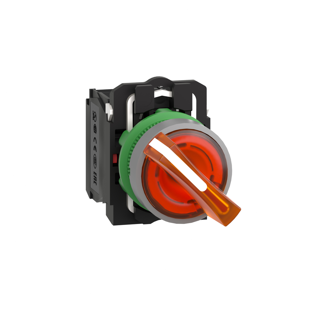 XB5AK125B5C0 - Illuminated selector switch, Harmony XB5, universal LED, grey bezel, orange handle, 22mm, 2 positions, stay put, 1NO + 1NC, 24V AC DC