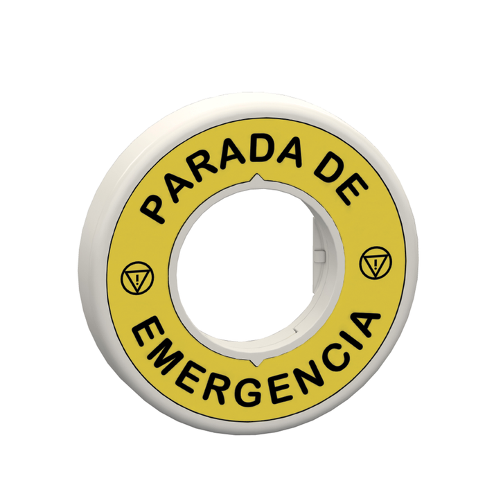 ZBY9W2M430 - Illuminated ring 60mm, Harmony, plastic, yellow, red fixed integral LED, marked PARADA DE EMERGENCIA, 230...240V AC