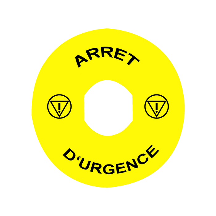 ZBY8130 - Legend, Harmony XB4, plastic, yellow, 90mm, for emergency stop, marked ARRET D'URGENCE with logo ISO13850