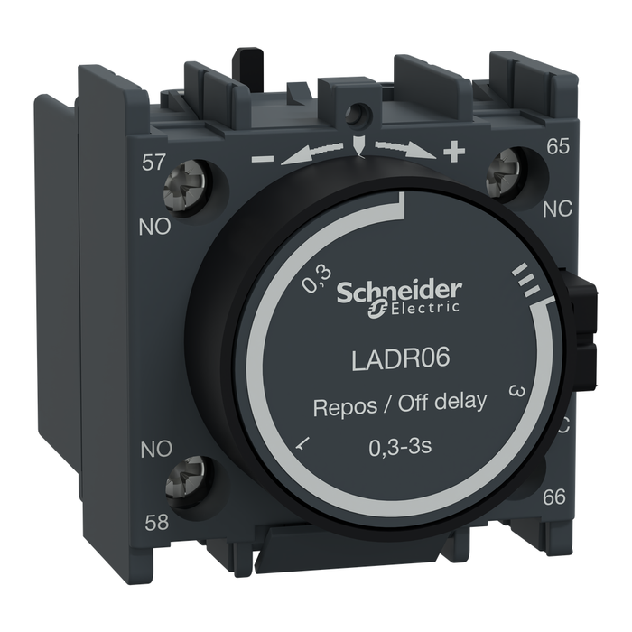 LADR06 - Time delay auxiliary contact block, TeSys Deca, 1NO + 1NC, off delay 0.3-3s, front, lugs-ring terminals