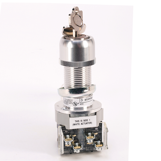 800H-HP31KB6DXXX - Interruptor de selección de bloqueo de cilindro de 2 posiciones para áreas peligrosas, tipo 7 y 9, longitud de cilindro estándar, mantenimiento, extracción de llave (izquierda), D018 (llave estándar), 1 NA